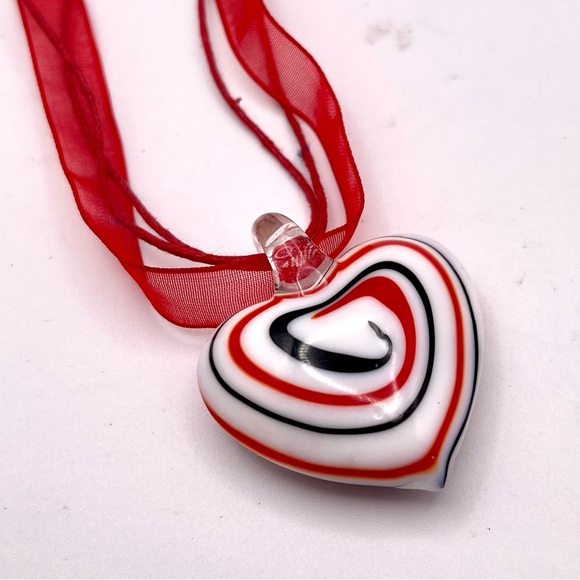 Vintage Patriotic Red White Blue Murano Glass Heart Pendant Necklace - Picture 6 of 16